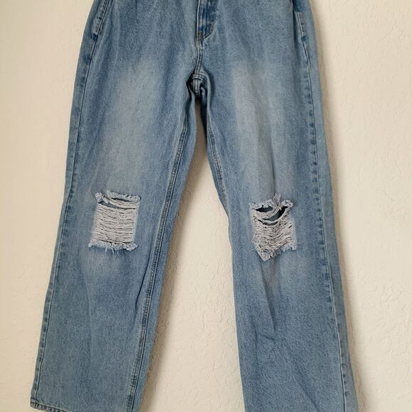 White Fox Jeans Women M Wide Leg Light Wash Blue Denim Distressed 30x31 Baggy - Picture 3 of 11